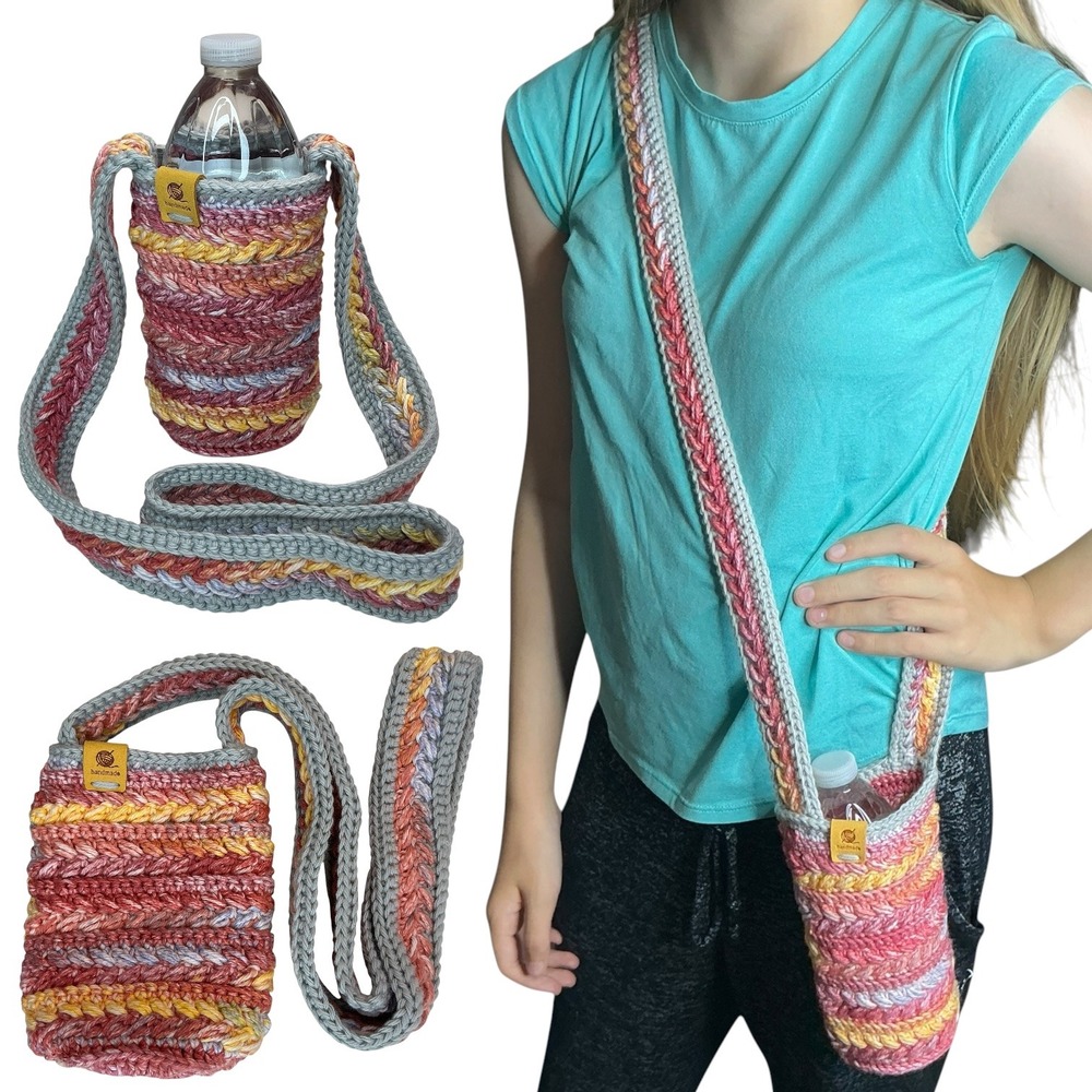Handmade‎ Multicolor Crochet Water Bottle Holder Bag Wheat Stitch Boho Crossbody